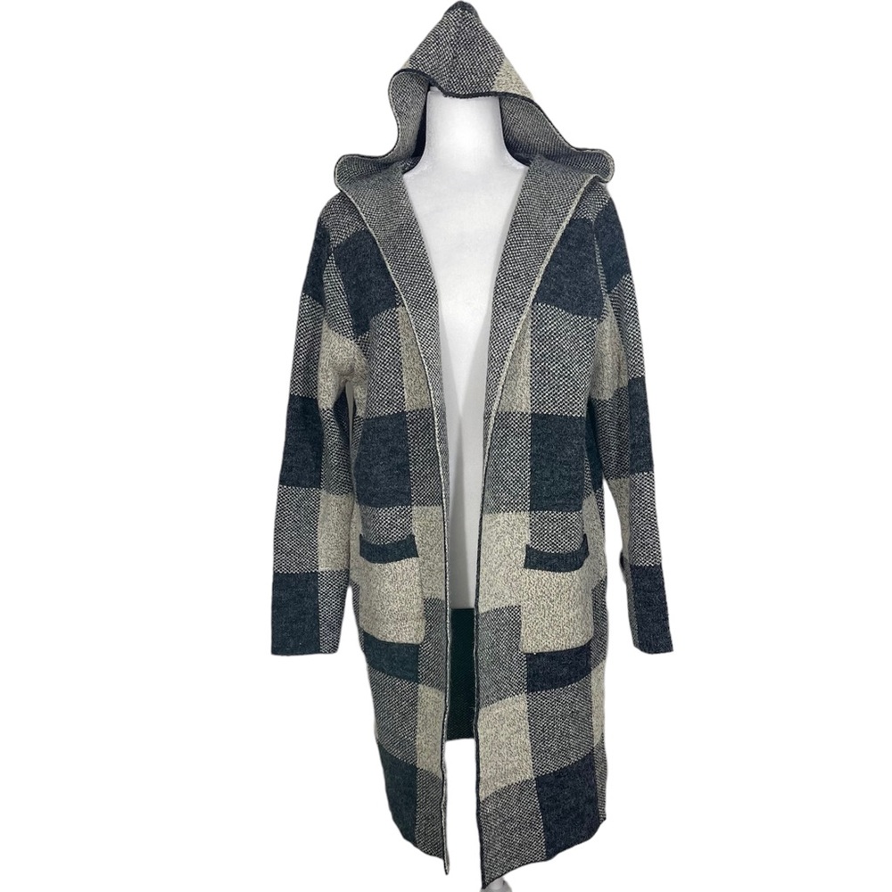 Monteau Gray and Cream Plaid Long Cardigan/Duster with Hood